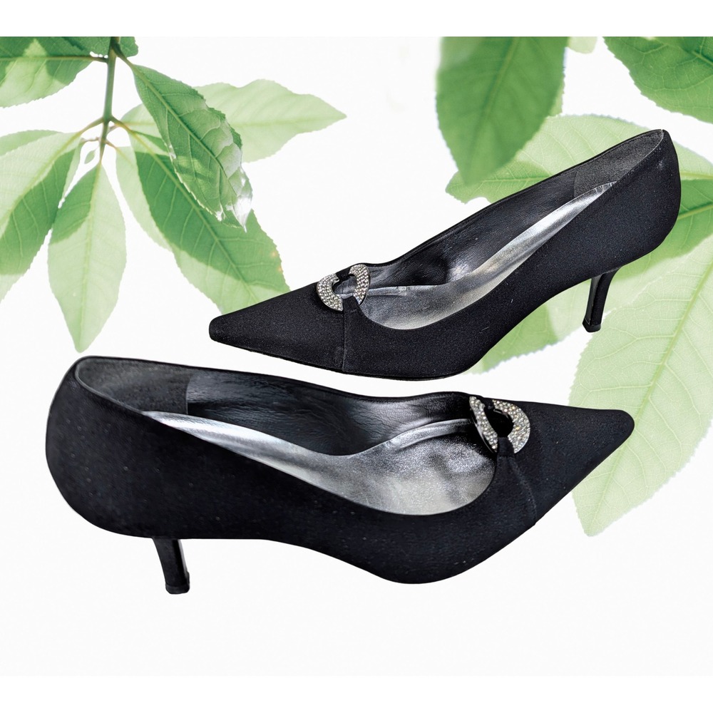 Stuart Weitzman Sz 9.5M Black Fabric Pointed Toe Kitten Heel Pumps‎ Embellished